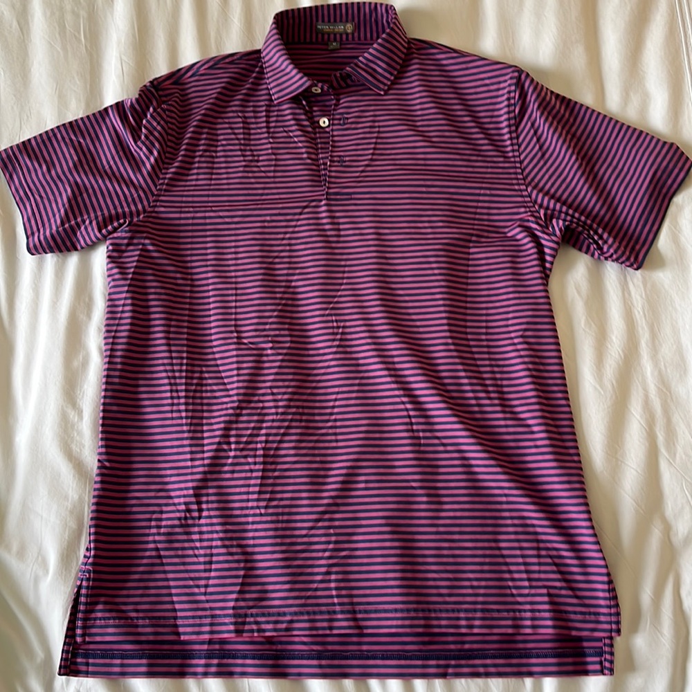 Peter Millar navy and magenta striped short sleeve polo shirt
